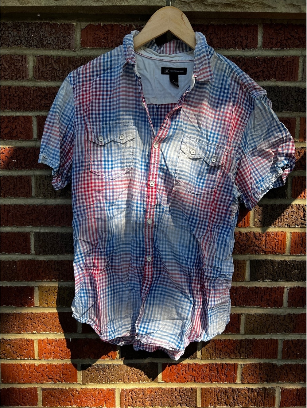 INC International Concepts Blue and Red Plaid Button Down Short Sleeve Shirt